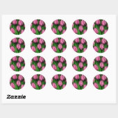 Roze tulpen met groene bladeren ronde sticker (Vel)