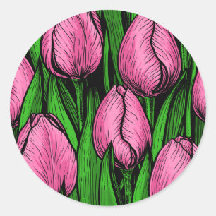 Roze tulpen met groene bladeren ronde sticker