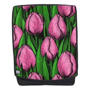 Roze tulpen met groene bladeren rugtassen