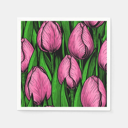 Roze tulpen met groene bladeren servet (Voorkant)