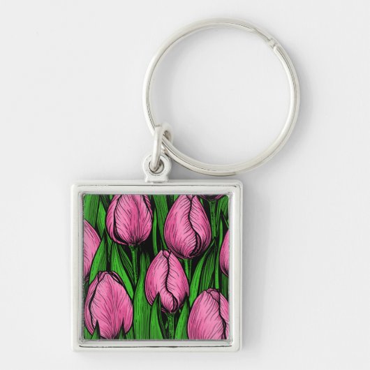 Roze tulpen met groene bladeren sleutelhanger (Voorkant)