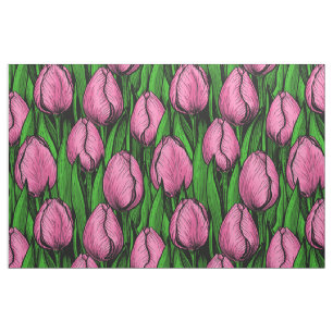 Roze tulpen met groene bladeren stof