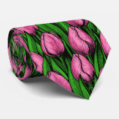 Roze tulpen met groene bladeren stropdas (Opgerold)