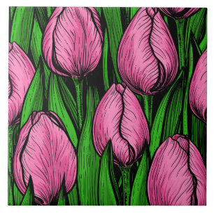 Roze tulpen met groene bladeren tegeltje