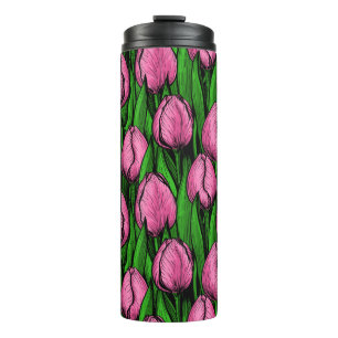 Roze tulpen met groene bladeren thermosbeker