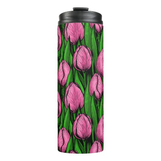 Roze tulpen met groene bladeren thermosbeker (Voorkant)
