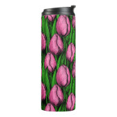 Roze tulpen met groene bladeren thermosbeker (Gedraaid links)