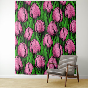 Roze tulpen met groene bladeren wandkleed