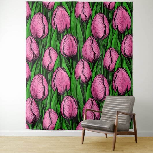Roze tulpen met groene bladeren wandkleed (In situ)