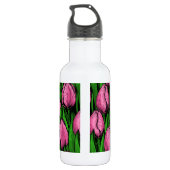 Roze tulpen met groene bladeren waterfles (Achterkant)