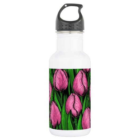 Roze tulpen met groene bladeren waterfles (Voorkant)