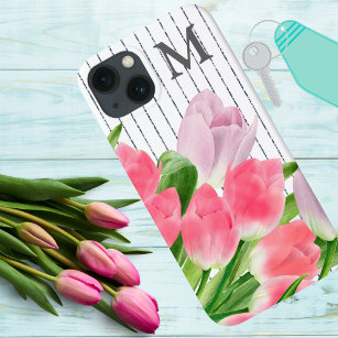 Roze tulpen met zilveren glitterstrips Case-Mate iPhone case