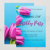 Roze tulpen op blauw kaart (Voorkant / Achterkant)