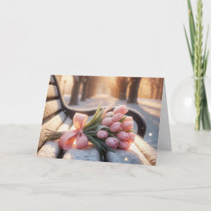 Roze tulpen op een besneeuwde bank denkend aan jou kaart