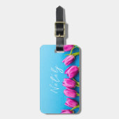 Roze tulpen op een blauwe achtergrond bagagelabel (Voorkant verticaal)