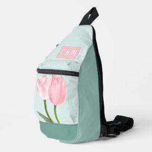 Roze tulpen op lichtblauw met driedubbele monogram sling bag