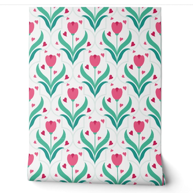 Roze tulpen romantisch patroon behang (Afrollen)