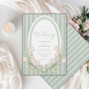 Roze tulpen saliegroene streep vintage bruiloft kaart