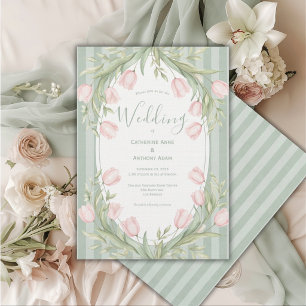 Roze tulpen saliegroene streep vintage bruiloft kaart