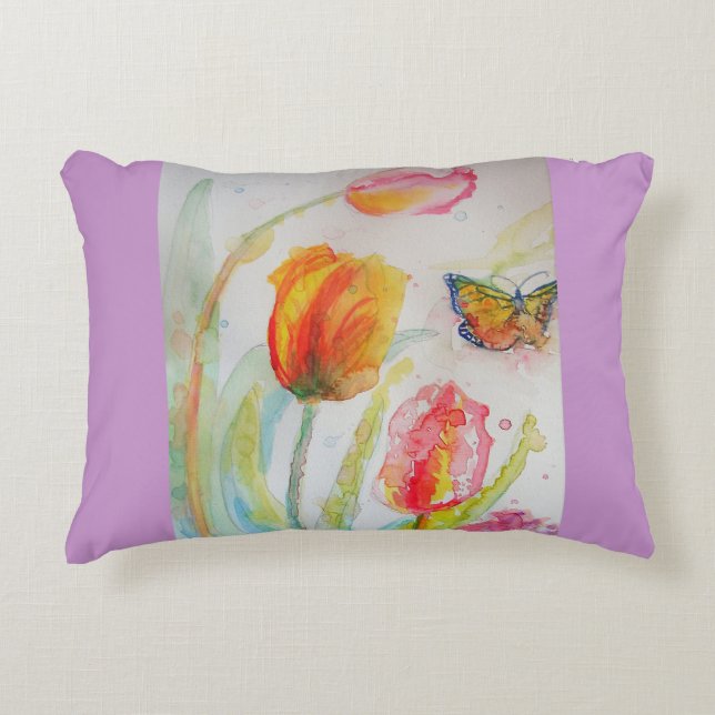 Roze tulpen tulp aquarel decor kussen (Voorkant)