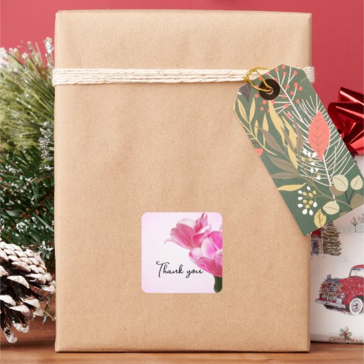 Roze tulpen vierkante sticker (Feestdagen)