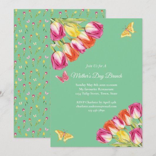 Roze Tulpen & Vlinder Moederdag Brunch Groen Kaart (Voorkant / Achterkant)