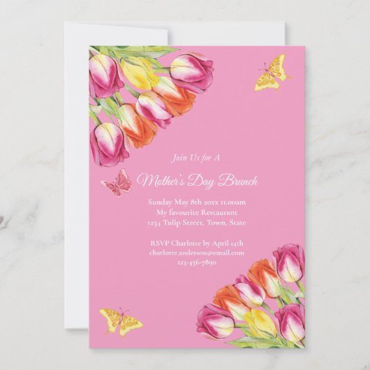 Roze Tulpen & Vlinder Moederdag Brunch Roze Kaart (Voorkant)