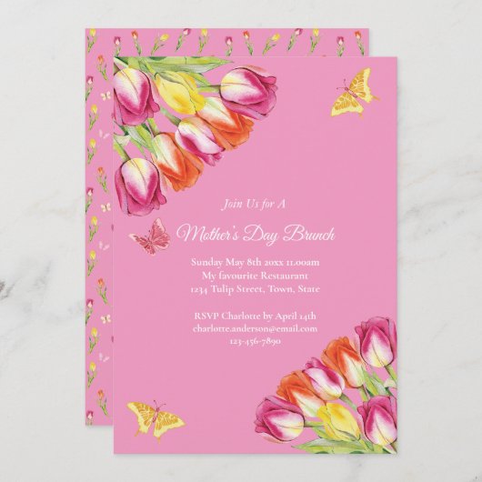 Roze Tulpen & Vlinder Moederdag Brunch Roze Kaart (Voorkant / Achterkant)