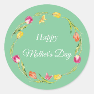Roze tulpen & vlinder Moederdag groen Ronde Sticker