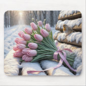 Roze tulpenboeket en Robin op een besneeuwde bank Muismat (Voorkant)