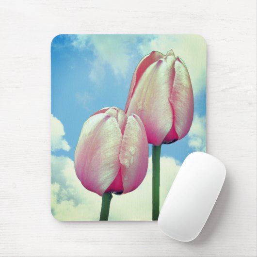 Roze Tulps Blue Sky Clouds Natuur Muismat (Met muis)