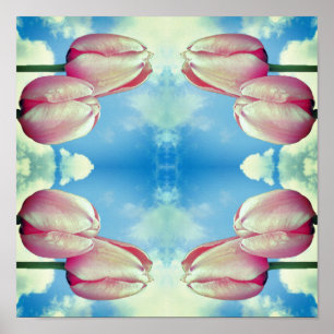 Roze Tulps Blue Sky en White Clouds Abstract Poster