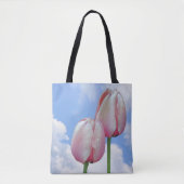 Roze Tulps Blue Sky en White Clouds Tote Bag (Voorkant)