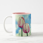 Roze Tulps Blue Sky persoonlijke Natuur Tweekleurige Koffiemok (Links)