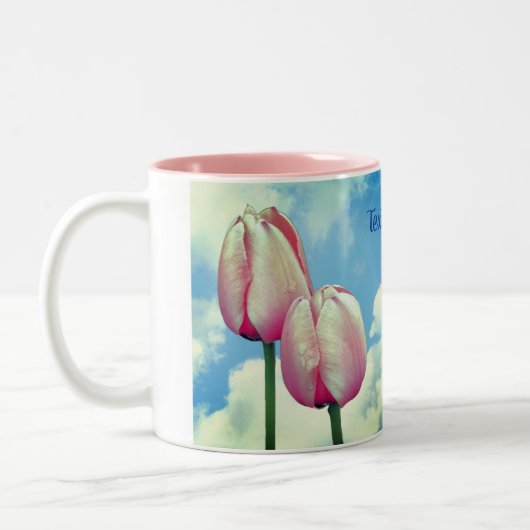 Roze Tulps Blue Sky persoonlijke Natuur Tweekleurige Koffiemok (Links)