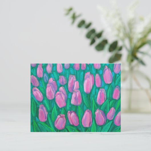 Roze Tulps Field, Floral verven van lentevloeren Briefkaart (Staand voorkant)