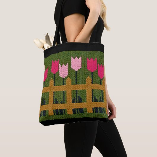 Roze Tulps heft groene Artisan Crochet Print Tote Bag (Dichtbij)