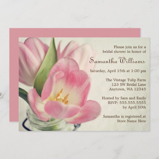  roze Tulps Mason Jar Kaart (Voorkant / Achterkant)