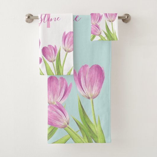 roze Tulps Spring Elegant Floral Monogram Bad Handdoek (Insitu)