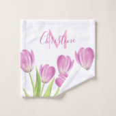roze Tulps Spring Elegant Floral Monogram Bad Handdoek (Wasdoekje)