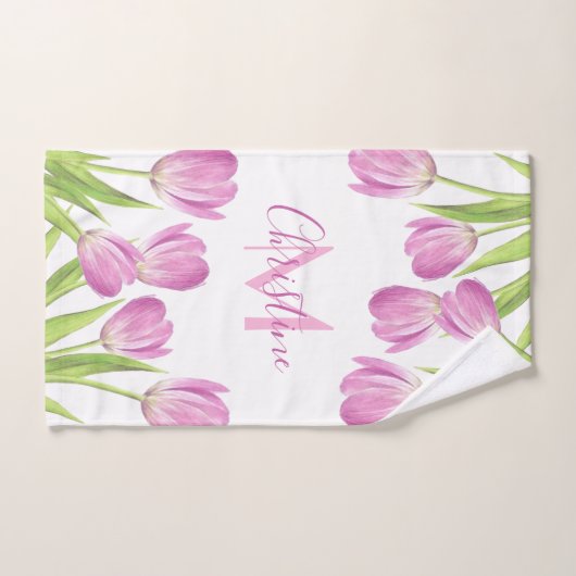 roze Tulps Spring Elegant Floral Monogram Bad Handdoek (Handdoek)