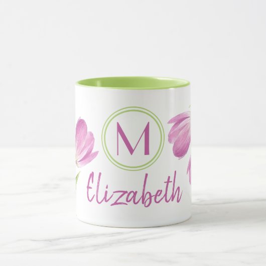 roze Tulps Spring Elegant Floral Monogram Mok (Midden)