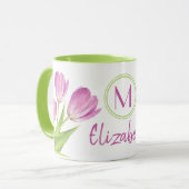  roze Tulps Spring Elegant Floral Monogram Mok (Voorkant links)