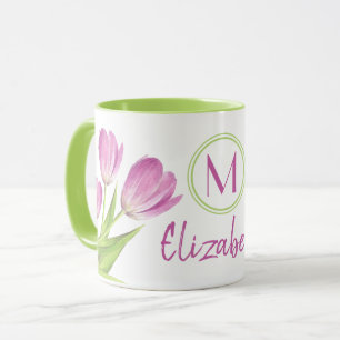 roze Tulps Spring Elegant Floral Monogram Mok
