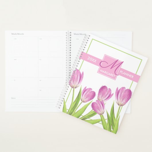  roze Tulps Spring Elegant Floral Monogram Planner (Display)