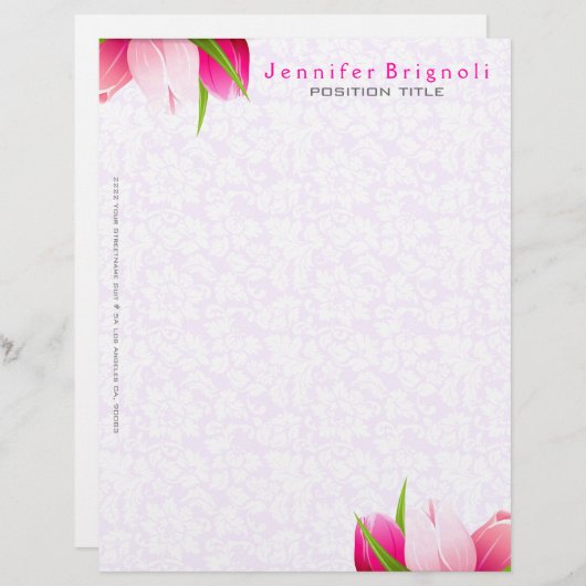 Roze Tulps White Damaslagachtergrond Briefhoofd (Voorkant / Achterkant)