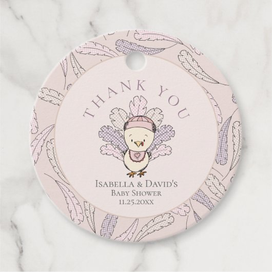 Roze Turkije & Veren Meisje Baby shower Dank u Bedankjes Labels (Voorkant)
