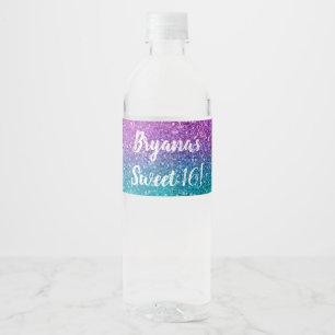Roze Turkoois Aqua Blauw & Paars Glitterend Glitte Waterfles Etiket