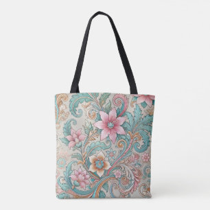 Roze Turkoois Indonesische Batik Bloemenpatroon Tote Bag