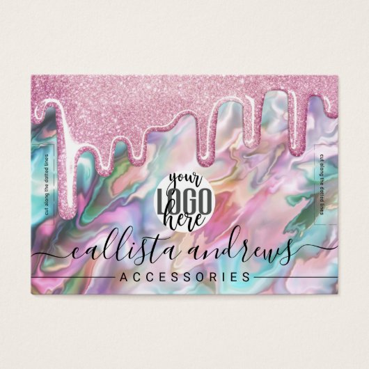 Roze Turkoois Parel Opal Glitter Drips Logo Armban Visitekaartje (Voorkant)